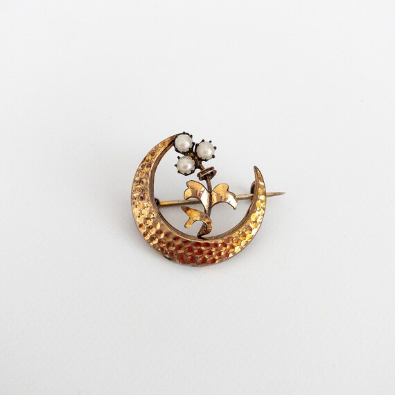 Antique Gold Plated Hammered Crescent Moon Pin wi… - image 3