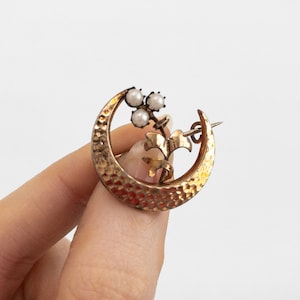 Antique Gold Plated Hammered Crescent Moon Pin with Faux Pearl Flowers | Floral Celestial Victorian or Edwardian Style Heirloom Jewelry