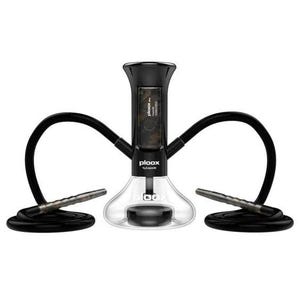 May include: A black and clear hookah with two black hoses and mouthpieces. The hookah has a clear glass base and a black top with the text "Ploox" and "by Liquidz" printed on it. The image is on a white background.