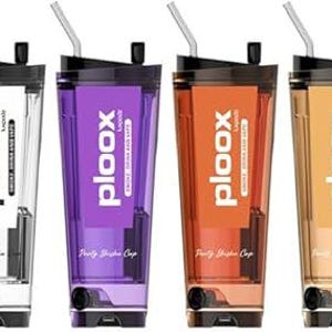 May include: A collection of colorful plastic tumblers with black lids and straws. Each tumbler has the word "ploox" printed on the front. The tumblers come in various colors, including black, blue, pink, white, purple, orange, yellow, magenta, red, and teal.