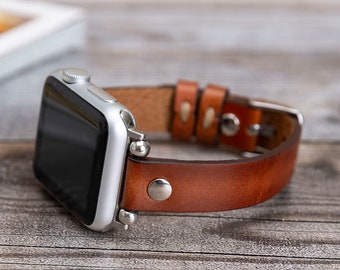 Brown Burnished Leather Apple Watch Band 38mm 40mm 41mm 42mm 44mm 45mm, Slim Leather Apple Watch for Women, iWatch Band, Gift for Sister