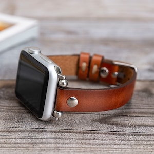 Brown Burnished Leather Apple Watch Band 38mm 40mm 41mm 42mm 44mm 45mm, Slim Leather Apple Watch for Women, iWatch Band, Gift for Sister