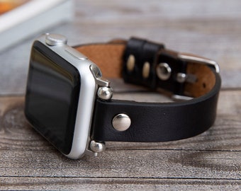 Black Leather Apple Watch Band 38mm 40mm 41mm 45mm Stainless Steel iWatch Strap Bracelet Slim Apple Watch Bracelet Jewelry Unisex Wristband