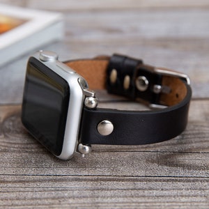 Black Leather Apple Watch Band 38mm 40mm 41mm 45mm Stainless Steel iWatch Strap Bracelet Slim Apple Watch Bracelet Jewelry Unisex Wristband