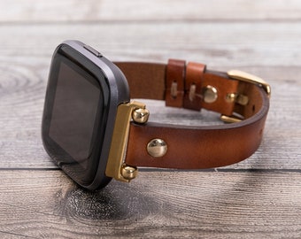 Fitbit Versa 1 2-horlogeband bruin gepolijst, roségouden Fitbit Versa, slank lederen Fitbit Versa-horloge voor dames, Fitbit Versa-band