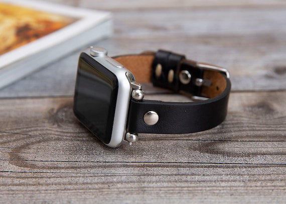 Black Leather Apple Watch Band 38mm 40mm 41mm 45mm Stainless Steel iWatch Strap Bracelet Slim Apple Watch Bracelet Jewelry Unisex Wristband