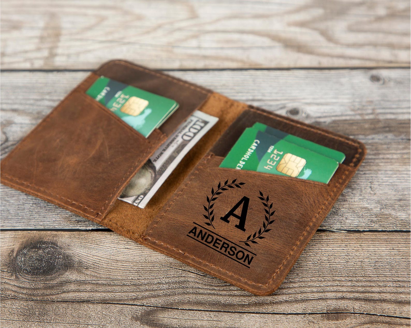 Personalized Leather Wallet, Slim Card Holder, Laser Engraved - Etsy