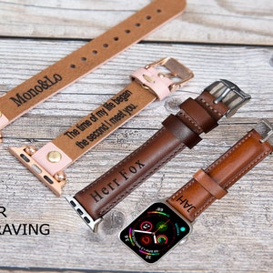 May include: Three personalized leather watch bands for Apple Watch. The bands are brown and feature laser engraved text. The text on the bands reads "Mono&Lo", "The time of my life began the second I meet you." and "Herr Fox".