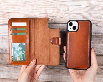 iPhone 15 Pro Max Case with Magsafe Wallet for Men And Women, Leather Phone Case for iPhone 15 Plus Initials Enraved Card Holder Rfid Cover