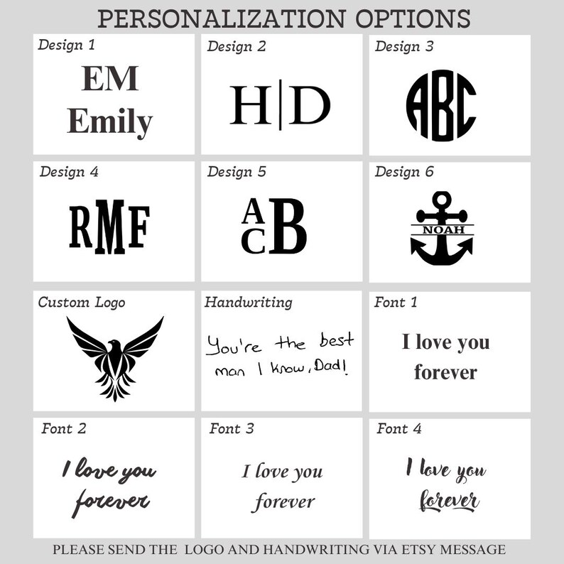 May include: A chart with 10 different personalization options for a custom gift. The options include initials, names, a custom logo, handwriting, and different font styles. The text "I love you forever" is shown in three different fonts.