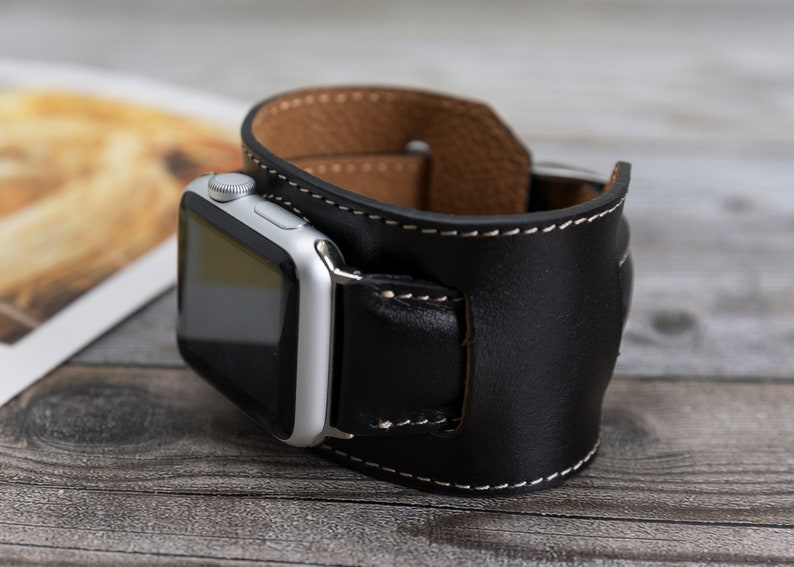 Apple Watch Cuff Band Black Leather Watch Strap Handcrafted Etsy