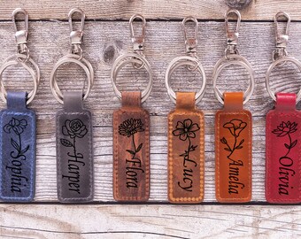 Leather Keychain Personalized Birth Month Flower, Monogram Keychain, Leather Keyring, Engraved Key Holder, Custom Text Keychain Embossed