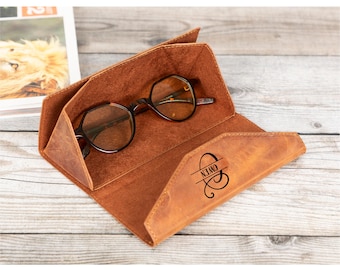 Foldable Leather Glasses Case with Magnetic Closure | Personalized, Full Grain Eyewear Protector | Custom Leather Sunglasses Sleeve