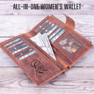 Carteira de couro feminina, compartimento para telefone, carteira feminina personalizada com compartimento com zíper, porta-cartão para carteira da mãe, presente para ela e para a mãe