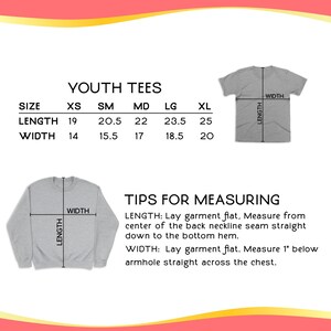 May include: Size chart for youth tees, showing measurements in inches for length and width. Sizes include XS, SM, MD, LG, and XL.  Tips for measuring are included.