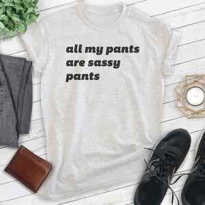 May include: A gray t-shirt with the text "all my pants are sassy pants" printed in black.