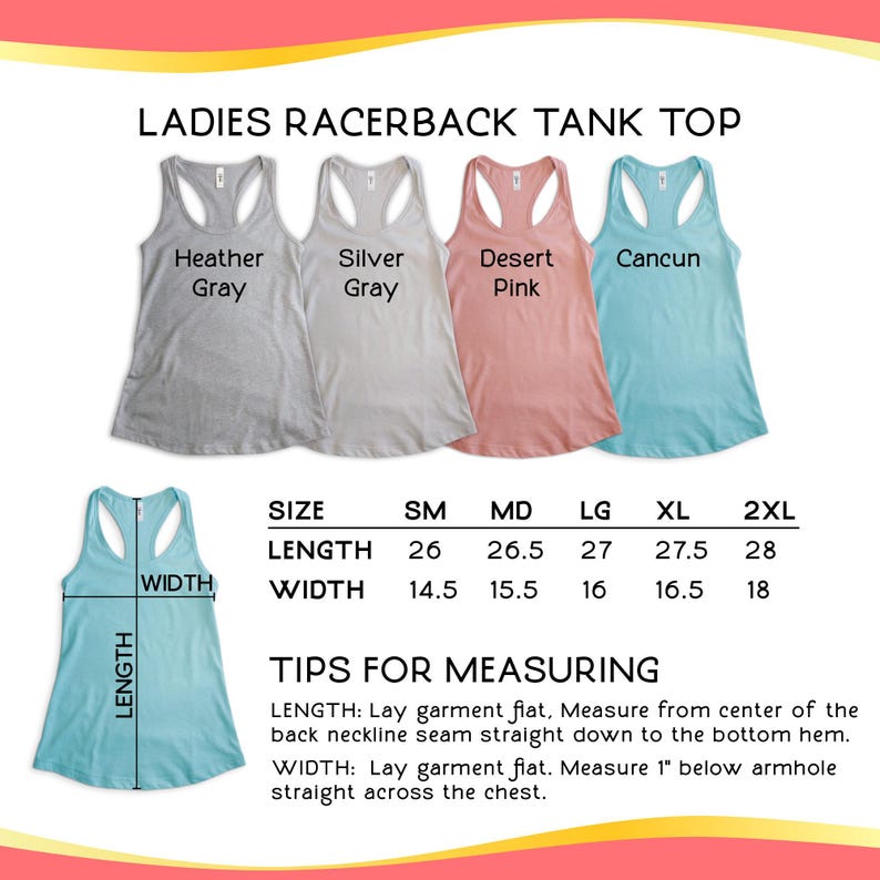 Pu&ograve; includere: Una tabella di taglie per canottiere racerback in quattro colori: grigio melange, grigio argento, rosa deserto e Cancun. La tabella mostra le misure di lunghezza e larghezza in pollici per le taglie small, medium, large, extra large e extra extra large.