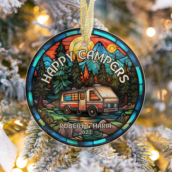 Personalized Camper Ornament, Happy Campers Stained Glass Ornament, Customizable RV Travel Trailer Christmas Ornament