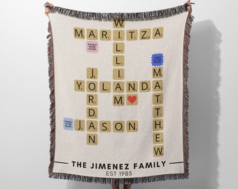 Personalized Family Name Blanket, Custom Letter Tile Woven Throw, Family Crossword, Unique Board Game Lover Present, Housewarming Gift