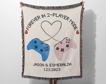 Forever in 2 Player Mode Personalized Woven Blanket, Gamer Couple Blanket, Personalized Couple Gaming Gift, Video Game Anniversary Gift