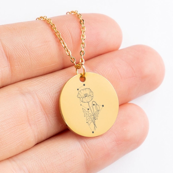 Zodiac Birth Flower Necklace, Dainty Gold Constellation Necklace, Minimalist Birth Flower, Personalized Jewelry, Horoscope Necklace