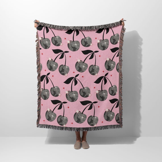 Disco Cherries Blanket, Disco Ball Woven Throw, Y2K Girly Print, Trendy Retro Cherry Woven Blanket, Dark Coquette Aesthetic Preppy Decor