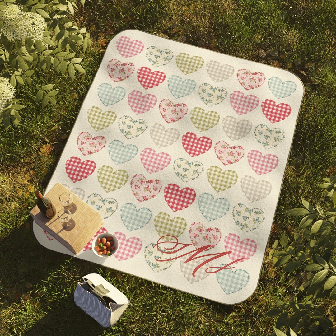 Cottagecore Hearts Monogram Picnic Blanket, Custom Coquette Floral