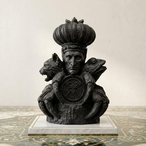 Puede incluir: Una escultura de color negro mate que presenta una figura humana central con corona, flanqueada por un gato a la izquierda y una rana a la derecha. La figura sostiene un emblema circular con símbolos geométricos complejos frente al pecho. La escultura descansa sobre una base cuadrada de mármol blanco con borde dorado.