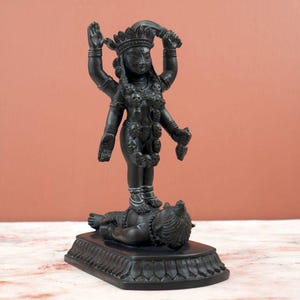 Può includere: Una statua nera di una divinità con più braccia, ornata da una corona e una collana di teschi, si erge su una figura. La statua è su una base rettangolare con un motivo floreale. Lo sfondo è arancione.