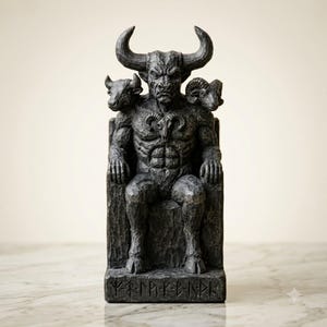 May include: A dark gray, textured sculpture of a seated, muscular, bull-headed figure with large horns. The figure is flanked by a smaller bull head and a ram head on its shoulders, with a ram skull on its chest and runic text on the base.