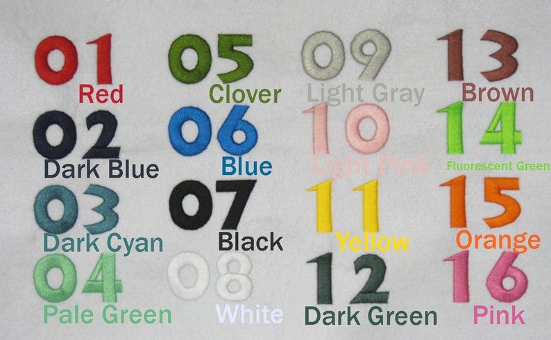 May include: A chart with 16 numbered squares, each containing a different color. The colors are red, dark blue, dark cyan, pale green, clover, blue, black, white, light gray, light pink, yellow, dark green, brown, fluorescent green, orange, and pink.