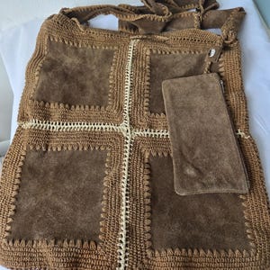 Duża torebka vintage z zamszu w stylu patchworkowym, brązowa, pleciona skóra, styl boho z lat 70.