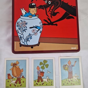 Vintage Tintin Tin biscuit Herge 2006 Collectible + 3 postcards 2004 blue lotus