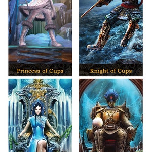 May include: A set of four steampunk tarot cards featuring the Princess, Knight, Queen, and King of Cups. Each card depicts a person in a futuristic setting with a blue and green color scheme.