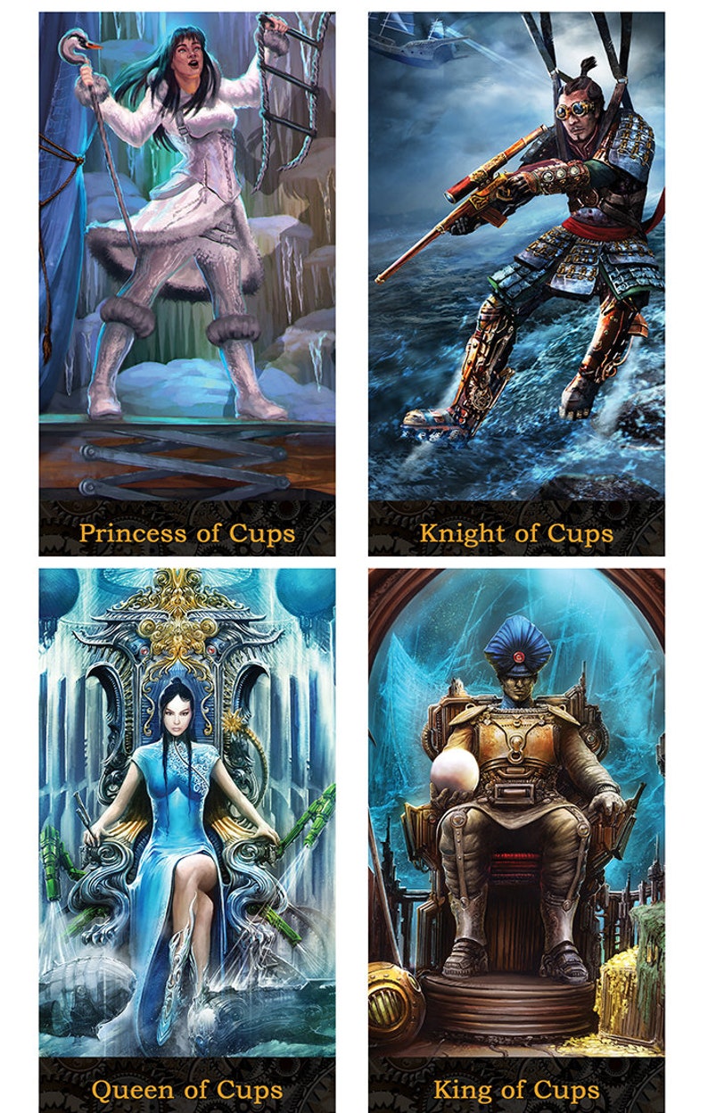 May include: A set of four steampunk tarot cards featuring the Princess, Knight, Queen, and King of Cups. Each card depicts a person in a futuristic setting with a blue and green color scheme.