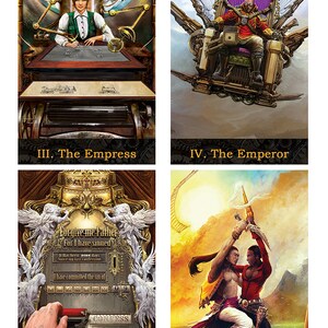 May include: A set of four tarot cards with steampunk designs. The cards are titled "The Empress", "The Emperor", "The High Priest", and "Lovers". The cards feature intricate details and a mix of gold, silver, and bronze colors.