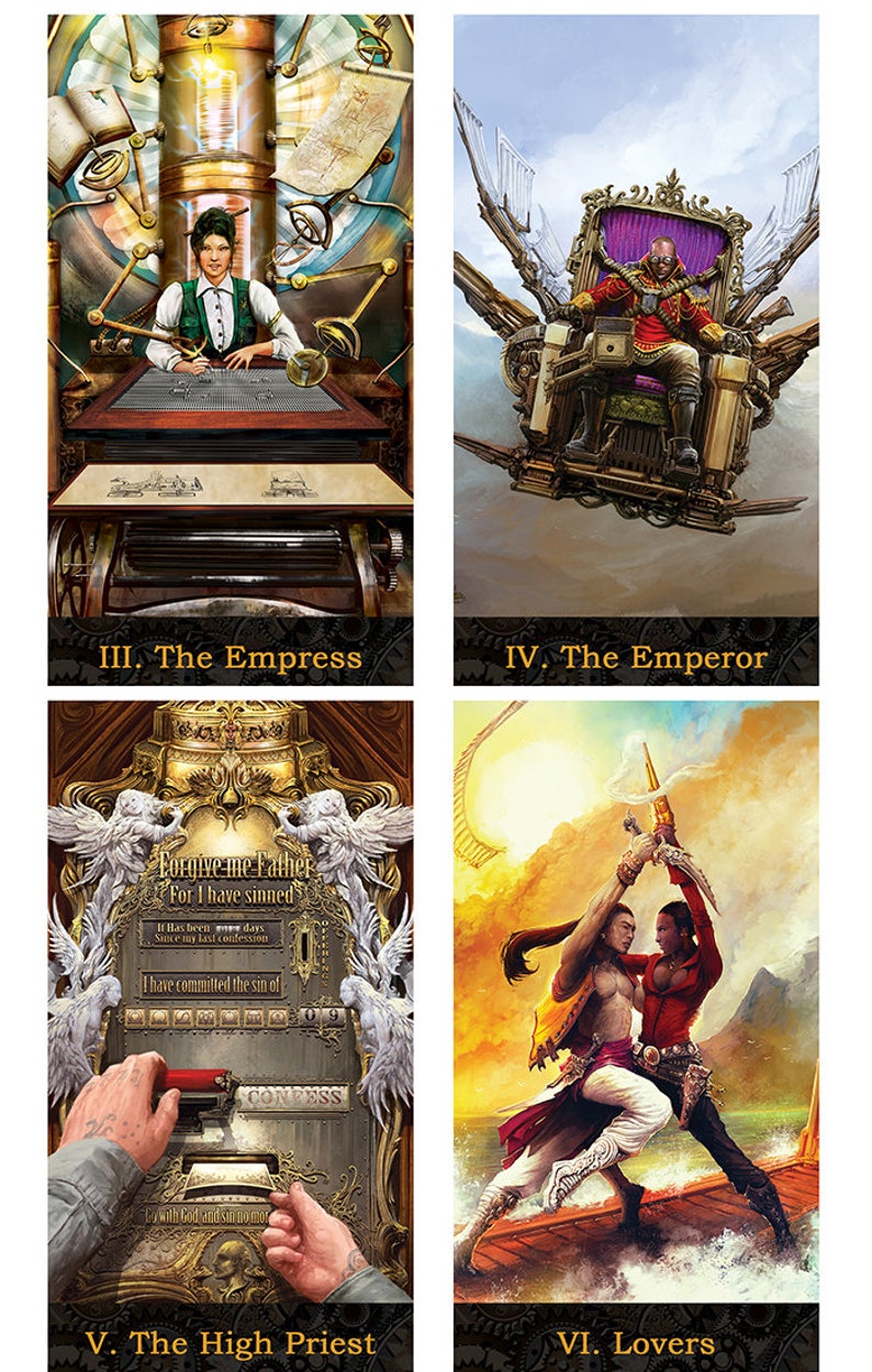May include: A set of four tarot cards with steampunk designs. The cards are titled "The Empress", "The Emperor", "The High Priest", and "Lovers". The cards feature intricate details and a mix of gold, silver, and bronze colors.