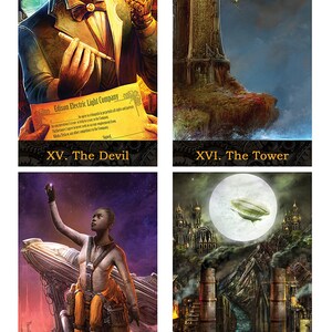 May include: A set of four tarot cards with steampunk designs. The cards are titled "The Devil", "The Tower", "The Star", and "The Moon".