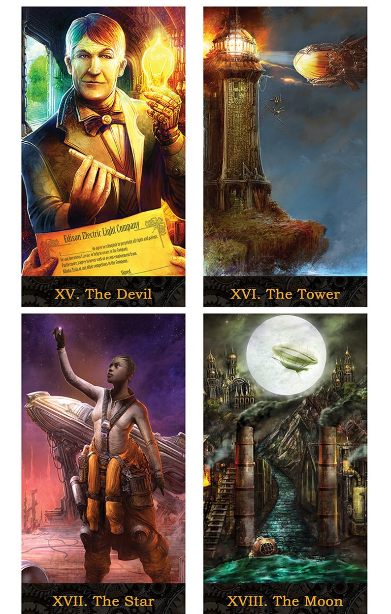 May include: A set of four tarot cards with steampunk designs. The cards are titled "The Devil", "The Tower", "The Star", and "The Moon".