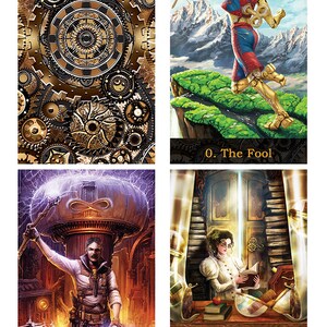 May include: A steampunk tarot deck featuring four cards: The Fool, The Magician, The High Priestess, and a card with a background of gears. The Fool card depicts a robotic figure with a key on its leg, standing on a cliff overlooking a mountain range. The Magician card shows a man in a steampunk outfit holding a staff with a lightning bolt at the top. The High Priestess card shows a woman in a white dress reading a book in a room with a window and bookshelves. The card with the gear background features a complex design of interlocking gears.