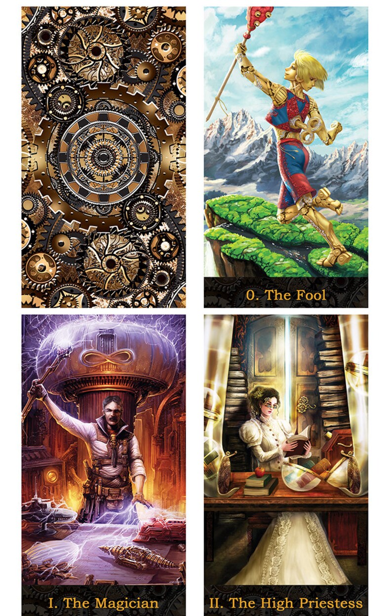May include: A steampunk tarot deck featuring four cards: The Fool, The Magician, The High Priestess, and a card with a background of gears. The Fool card depicts a robotic figure with a key on its leg, standing on a cliff overlooking a mountain range. The Magician card shows a man in a steampunk outfit holding a staff with a lightning bolt at the top. The High Priestess card shows a woman in a white dress reading a book in a room with a window and bookshelves. The card with the gear background features a complex design of interlocking gears.