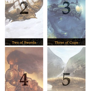 May include: Four steampunk-style tarot cards with numbers 2, 3, 4, and 5. The cards are set against a background of clouds, water, and mountains. The cards are titled "Two of Swords", "Three of Cups", "Four of Wands", and "Five of Disks".