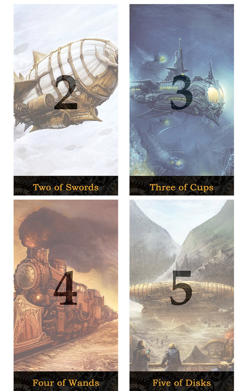 May include: Four steampunk-style tarot cards with numbers 2, 3, 4, and 5. The cards are set against a background of clouds, water, and mountains. The cards are titled "Two of Swords", "Three of Cups", "Four of Wands", and "Five of Disks".