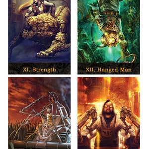 May include: A set of four tarot cards with steampunk designs. The cards are numbered XI, XII, XIII, and XIV. The cards depict a woman riding a mechanical lion, a man hanging upside down in a diving suit, a robot driving a mechanical harvester, and a man sitting in a mechanical chair with two golden streams of liquid flowing from above.