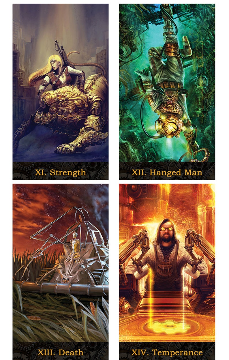 May include: A set of four tarot cards with steampunk designs. The cards are numbered XI, XII, XIII, and XIV. The cards depict a woman riding a mechanical lion, a man hanging upside down in a diving suit, a robot driving a mechanical harvester, and a man sitting in a mechanical chair with two golden streams of liquid flowing from above.