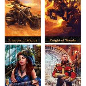 May include: A set of four tarot cards featuring steampunk-inspired imagery. The cards depict a woman riding a motorcycle, a man riding a fiery horse, a woman playing cards, and a man standing in a city. The cards are labeled "Princess of Wands", "Knight of Wands", "Queen of Wands", and "King of Wands".