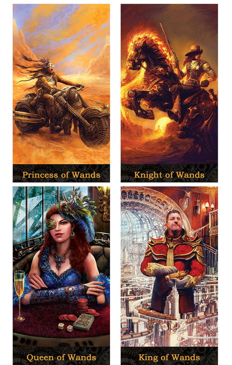 May include: A set of four tarot cards featuring steampunk-inspired imagery. The cards depict a woman riding a motorcycle, a man riding a fiery horse, a woman playing cards, and a man standing in a city. The cards are labeled "Princess of Wands", "Knight of Wands", "Queen of Wands", and "King of Wands".