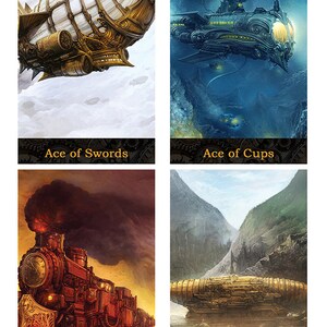 May include: A set of four steampunk-themed tarot cards, each featuring a different mode of transportation. The Ace of Swords shows a white and gold airship, the Ace of Cups shows a blue and gold submarine, the Ace of Wands shows a red and gold steam train, and the Ace of Disks shows a gold and brown dirigible.