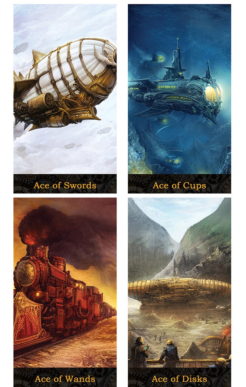 May include: A set of four steampunk-themed tarot cards, each featuring a different mode of transportation. The Ace of Swords shows a white and gold airship, the Ace of Cups shows a blue and gold submarine, the Ace of Wands shows a red and gold steam train, and the Ace of Disks shows a gold and brown dirigible.