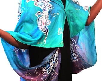 Batik-Silk Fabric Scarf/Hand painted Batik silk shawl/Swarovski Crystals/East/Spring shawl/Fashionista gift/Art to wear/Beachwear